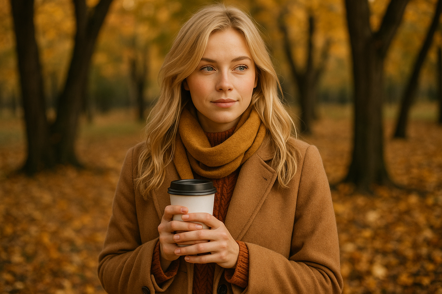Een vrouw, blond die een mooie herfstoutfit draagt met een koffie in haar handen. Tussen de bomen met blaadjes op de grond. Maak het ultra realistisch
