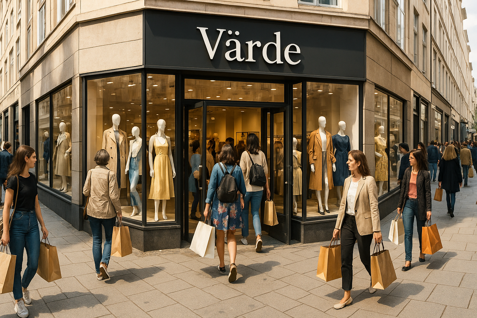 Een winkelstraat met een mooie fashion winkel waar de naam: Värde

Het moet een drukke winkelstraat zijn met klanten in en om de winkel.